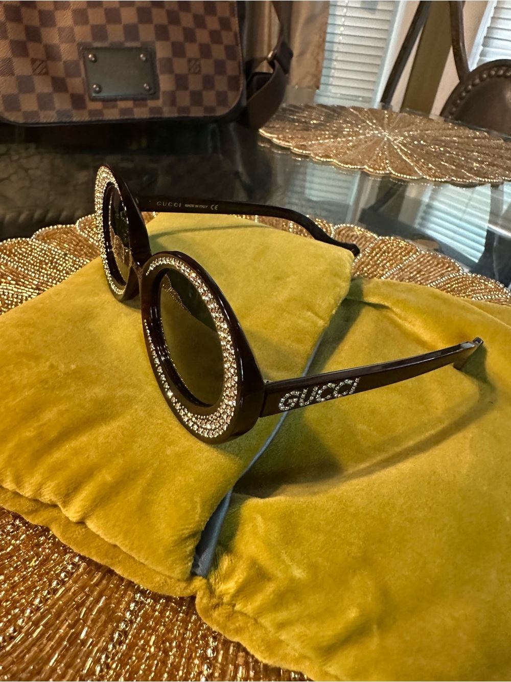Gucci Black Round Sunglasses with Crystal Trim